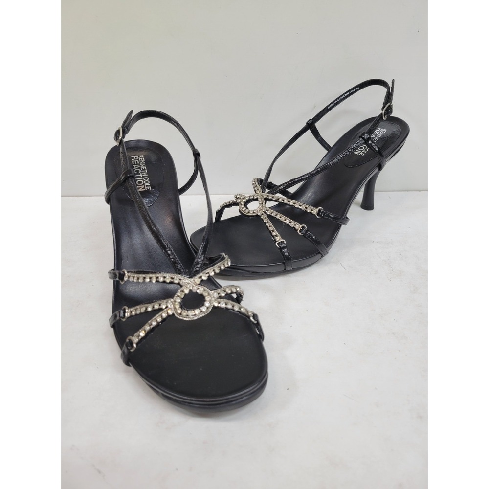 Kenneth Cole Reaction Womens 7M Black Rhinestone Strappy Kitten Heel Sandals NIB